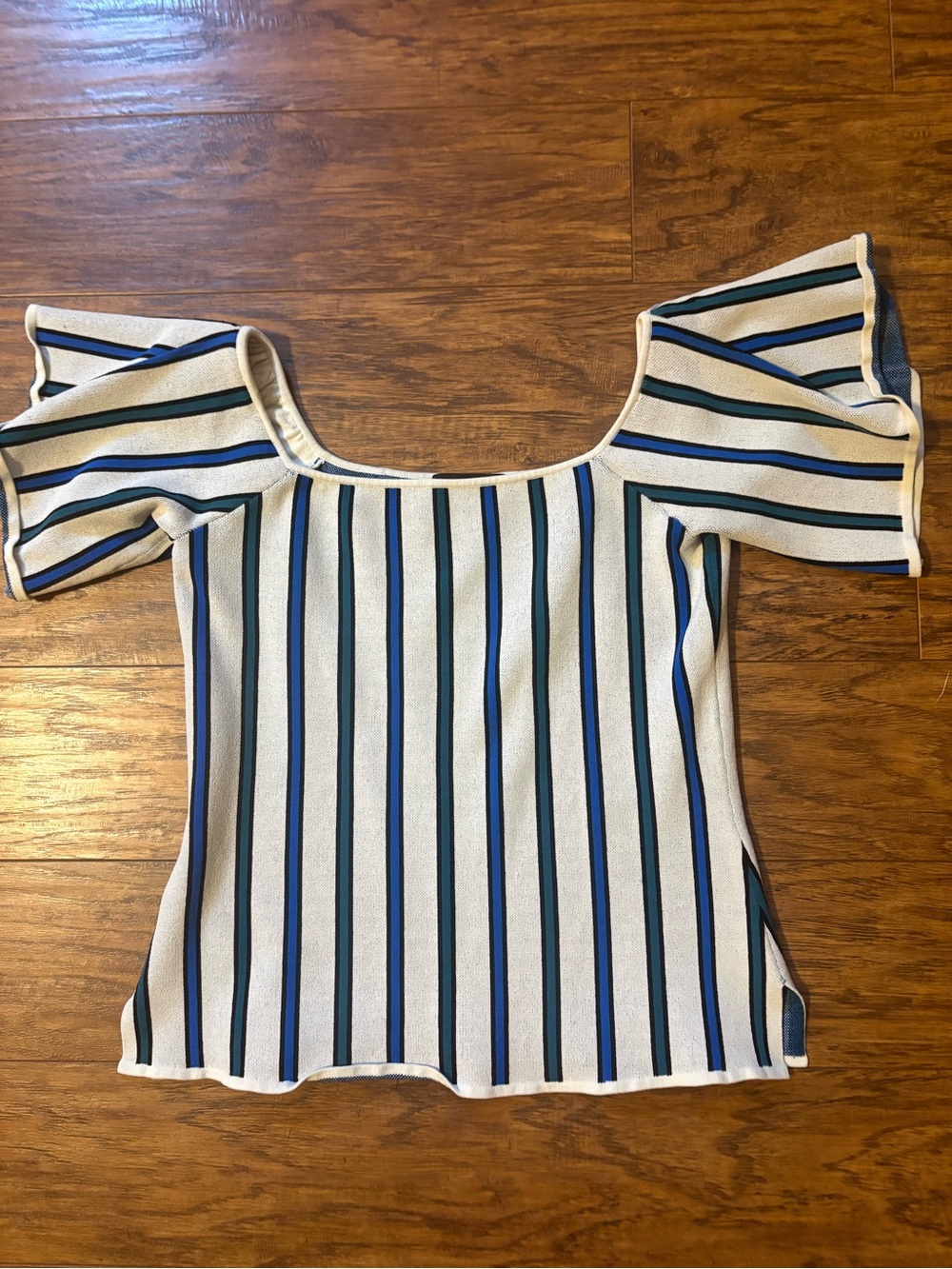 Ann Taylor Cream Crop Top with Navy and Blue Stripes